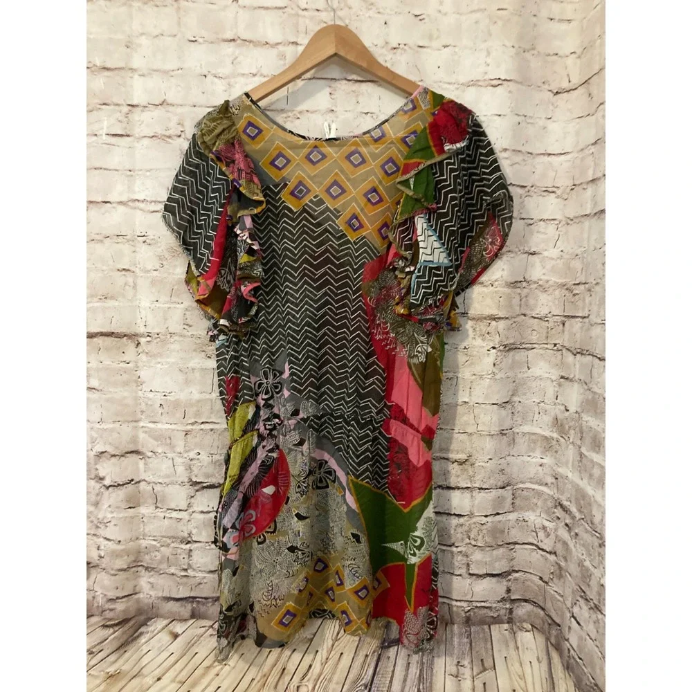 Pinkerton Dress Womens Medium Silk Ruffle Retro Geometric Lightweight Semi Sheer - Picture 12 of 14